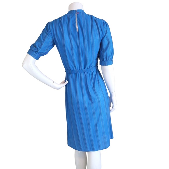 Vintage Teal Blue Striped Ruffle Neck 3/4 Sleeve Midi Dress - Picture 5 of 13